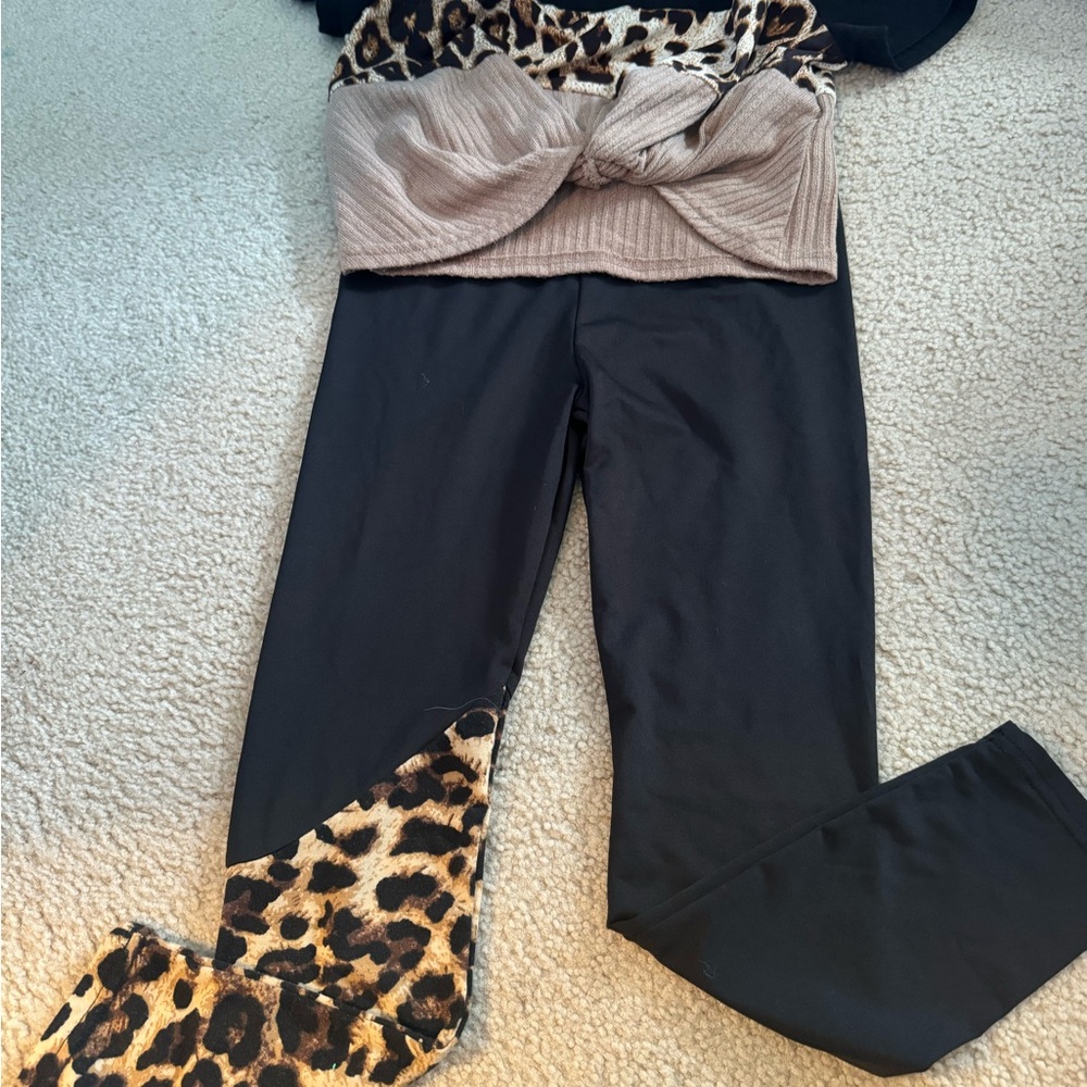 Black and Leopard Print Knotted Top and matching pants for girls